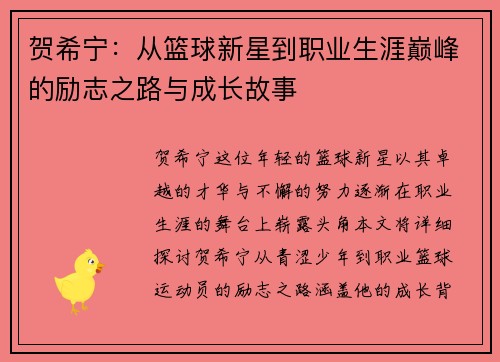 贺希宁：从篮球新星到职业生涯巅峰的励志之路与成长故事